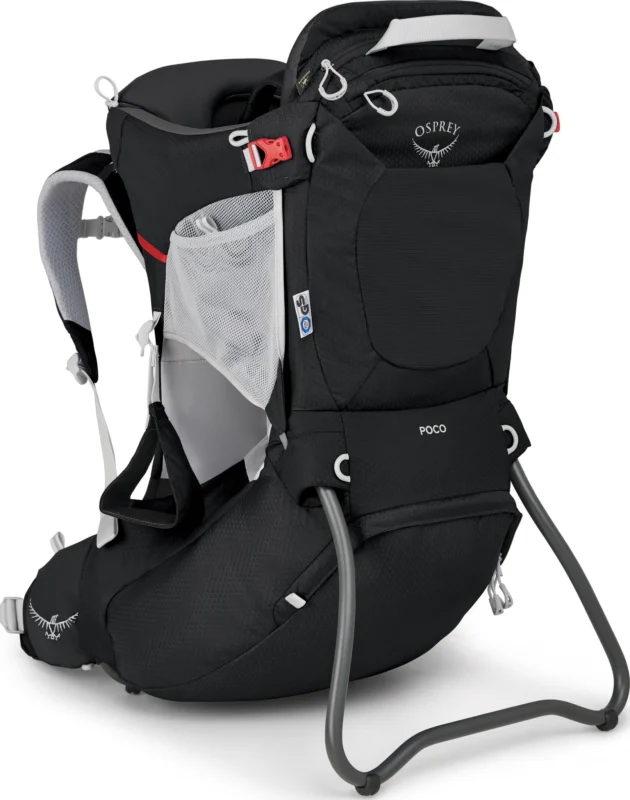 The Loaded Locker - Osprey Baby Hiking Carrier is a black baby hiking carrier backpack featuring multiple pockets, a sunshade, and an aluminum frame designed specifically for hiking.